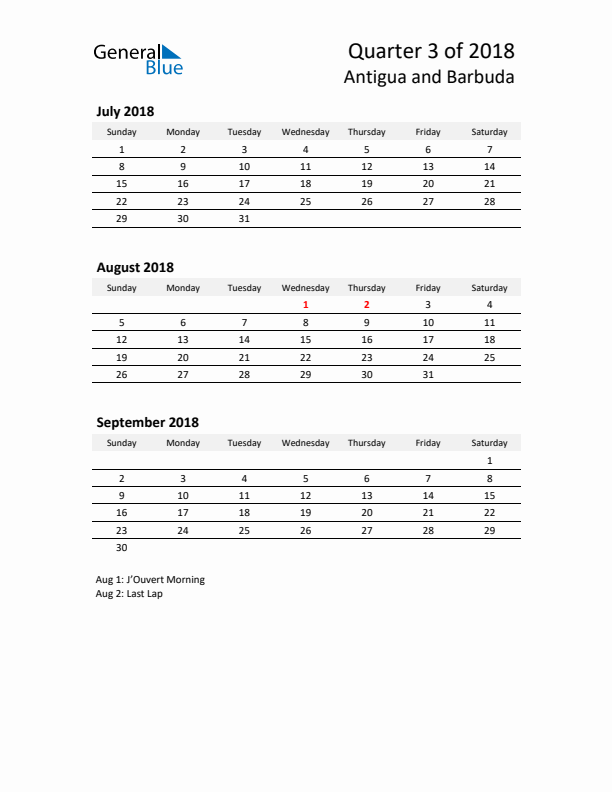 2018 Q3 Three-Month Calendar for Antigua and Barbuda