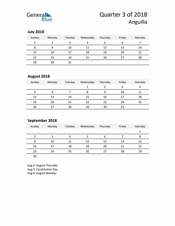 2018 Q3 Three-Month Calendar for Anguilla