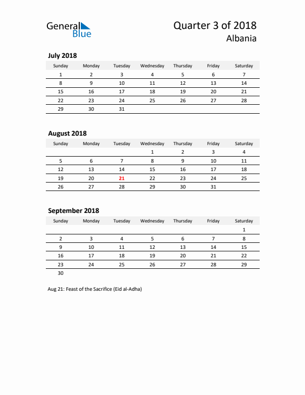 2018 Q3 Three-Month Calendar for Albania