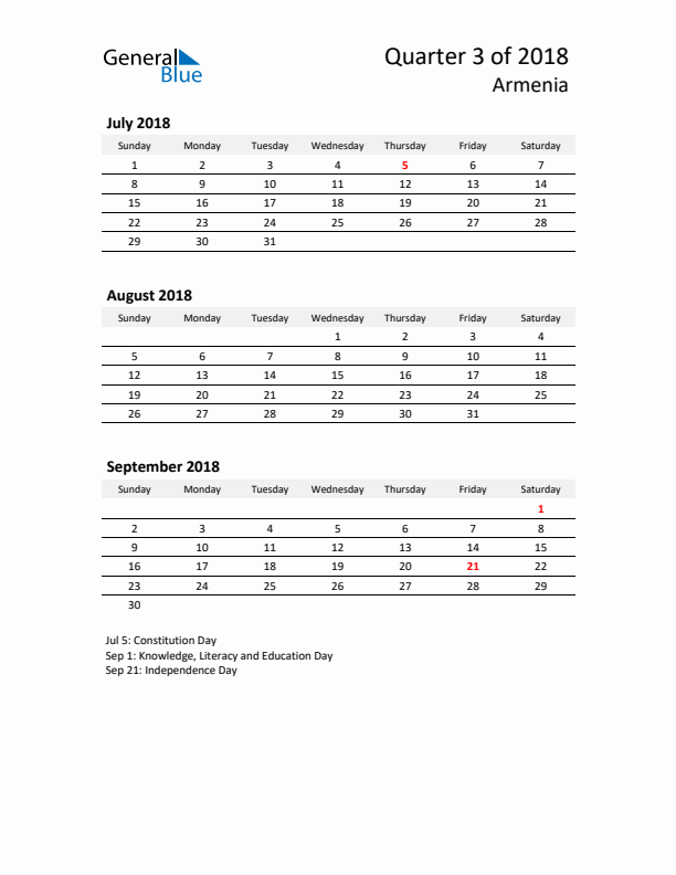 2018 Q3 Three-Month Calendar for Armenia