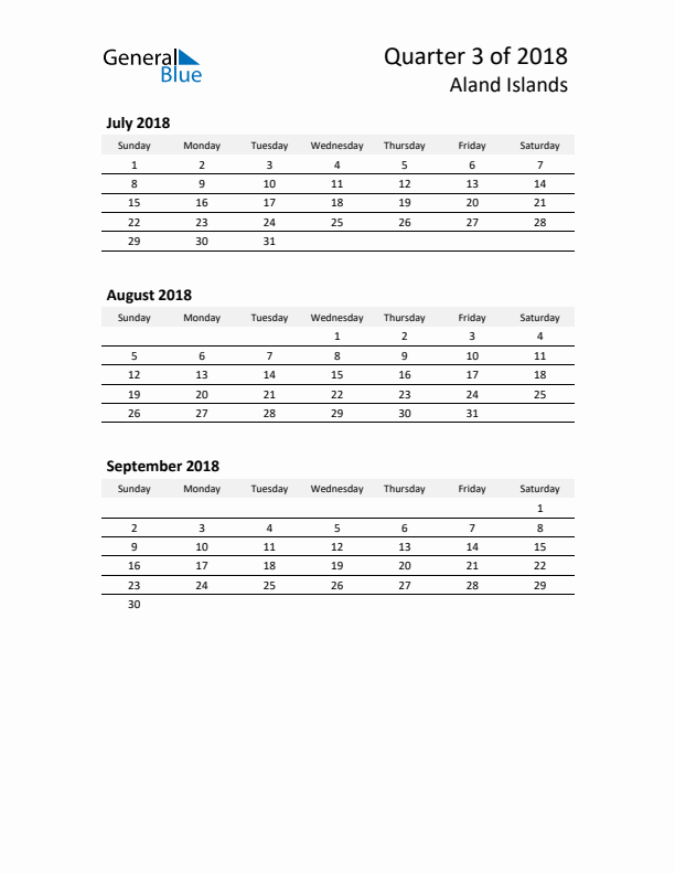 2018 Q3 Three-Month Calendar for Aland Islands