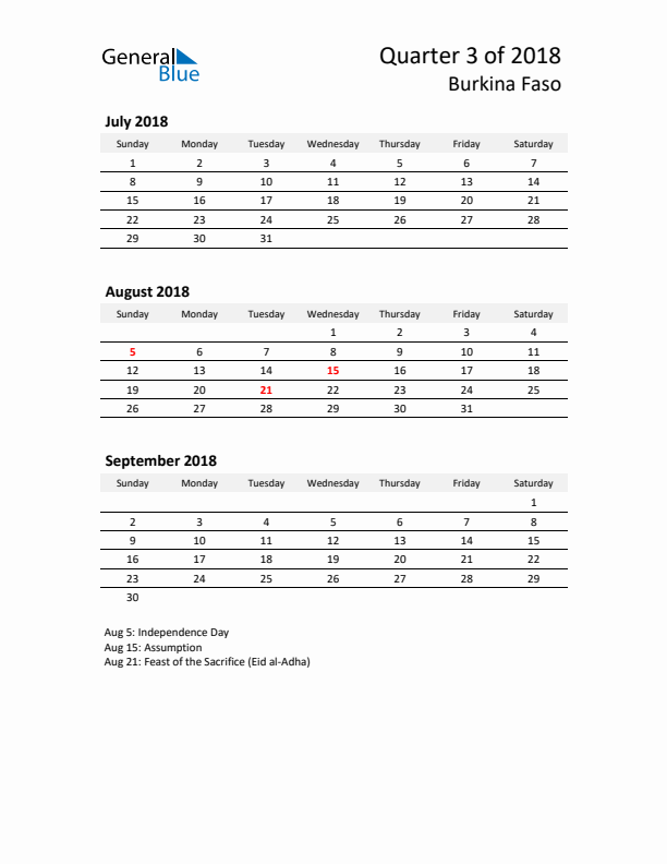 2018 Q3 Three-Month Calendar for Burkina Faso