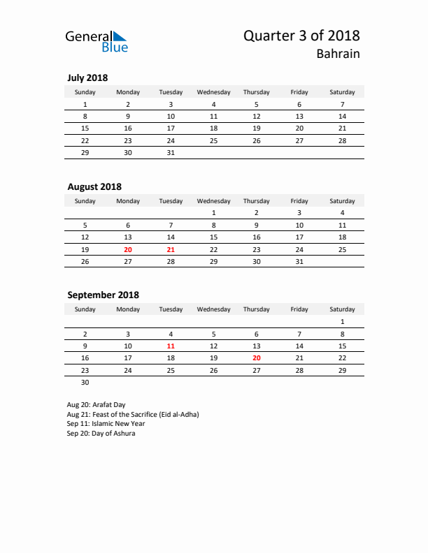 2018 Q3 Three-Month Calendar for Bahrain