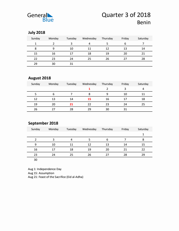 2018 Q3 Three-Month Calendar for Benin