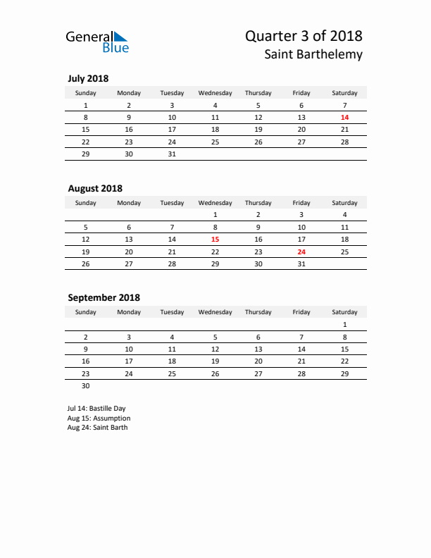 2018 Q3 Three-Month Calendar for Saint Barthelemy