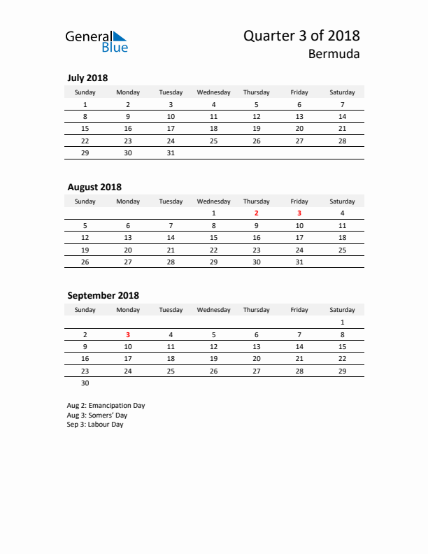 2018 Q3 Three-Month Calendar for Bermuda