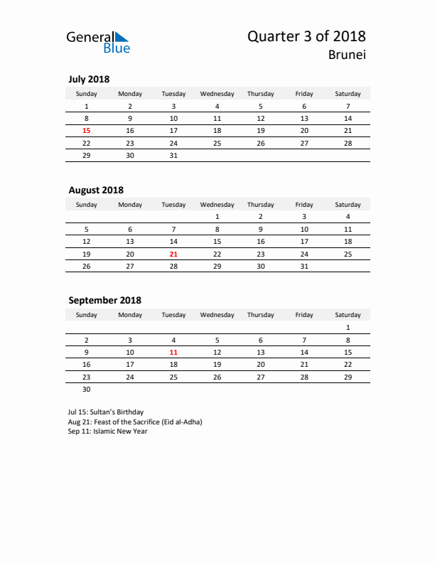 2018 Q3 Three-Month Calendar for Brunei