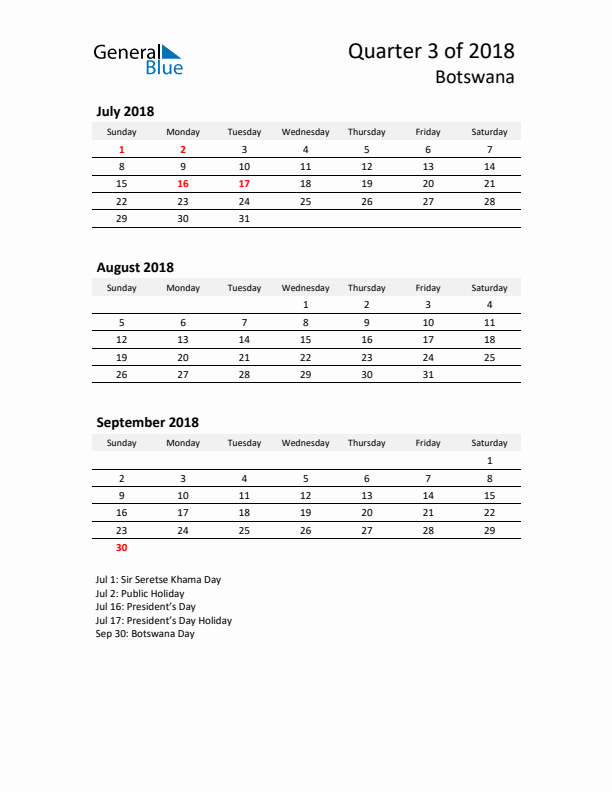 2018 Q3 Three-Month Calendar for Botswana