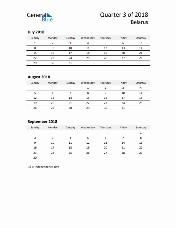 2018 Q3 Three-Month Calendar for Belarus