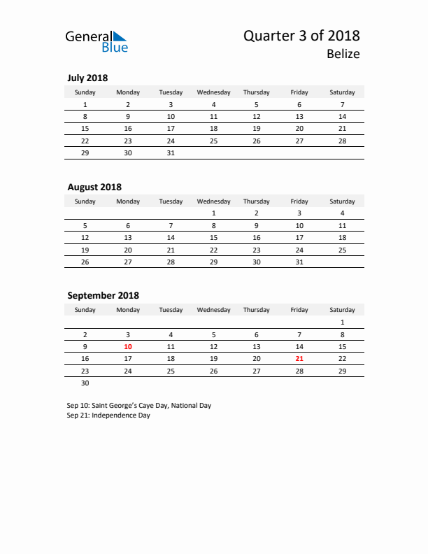 2018 Q3 Three-Month Calendar for Belize