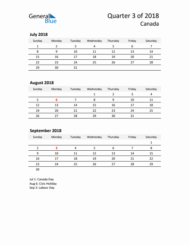 2018 Q3 Three-Month Calendar for Canada