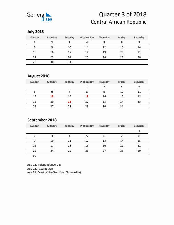 2018 Q3 Three-Month Calendar for Central African Republic