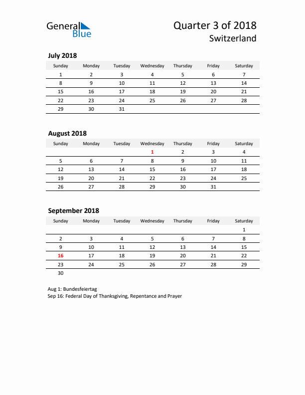 2018 Q3 Three-Month Calendar for Switzerland