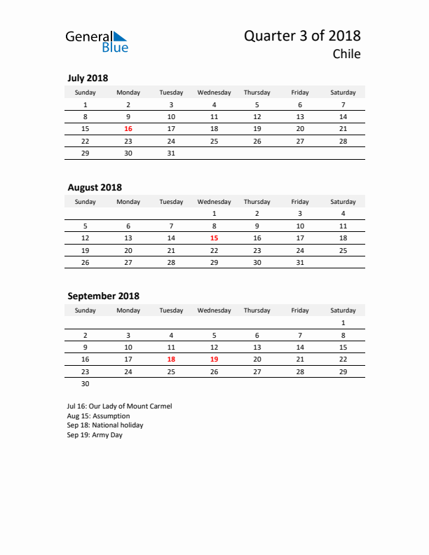 2018 Q3 Three-Month Calendar for Chile