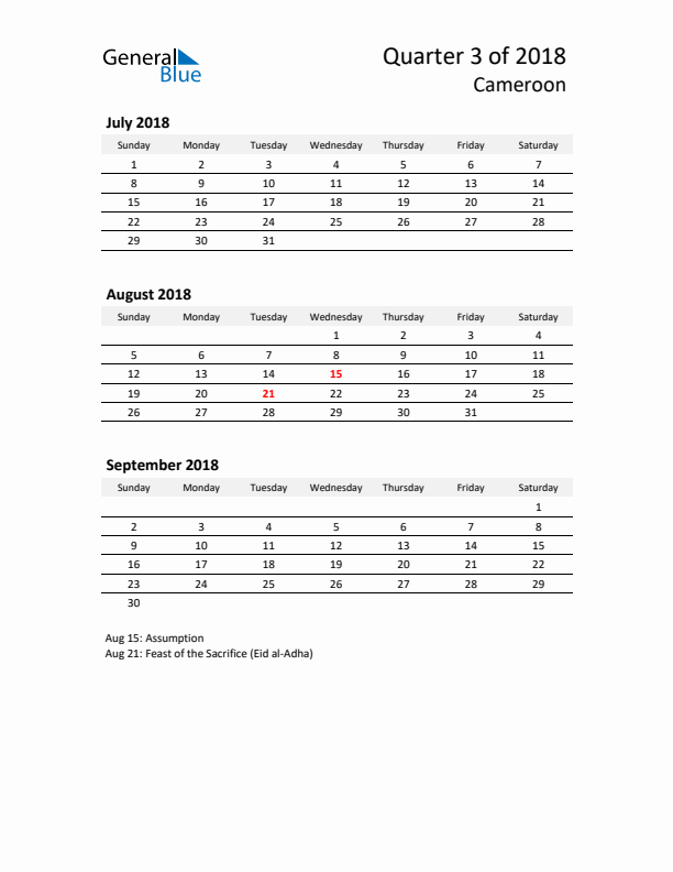 2018 Q3 Three-Month Calendar for Cameroon