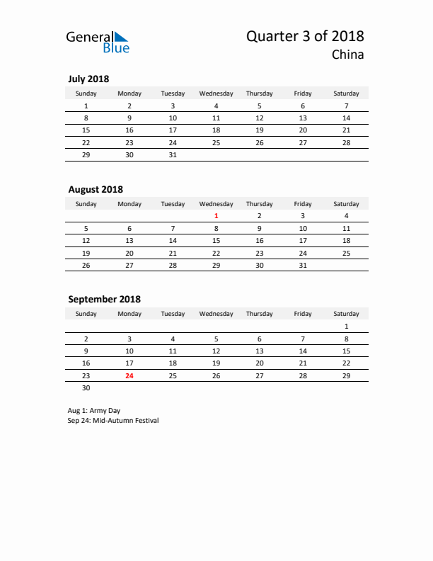 2018 Q3 Three-Month Calendar for China
