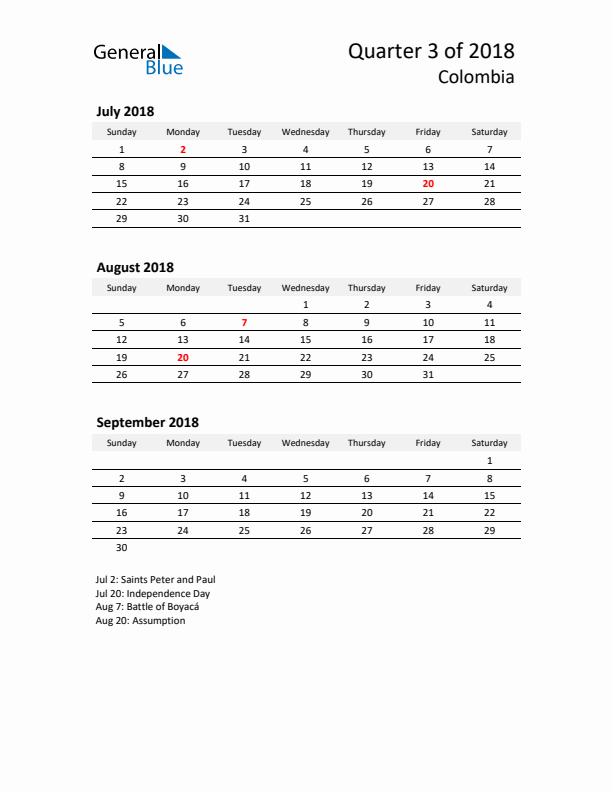 2018 Q3 Three-Month Calendar for Colombia