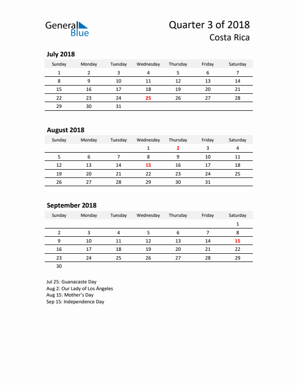 2018 Q3 Three-Month Calendar for Costa Rica