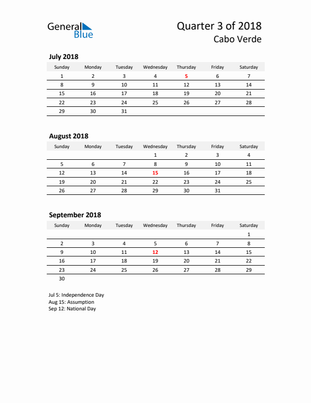 2018 Q3 Three-Month Calendar for Cabo Verde