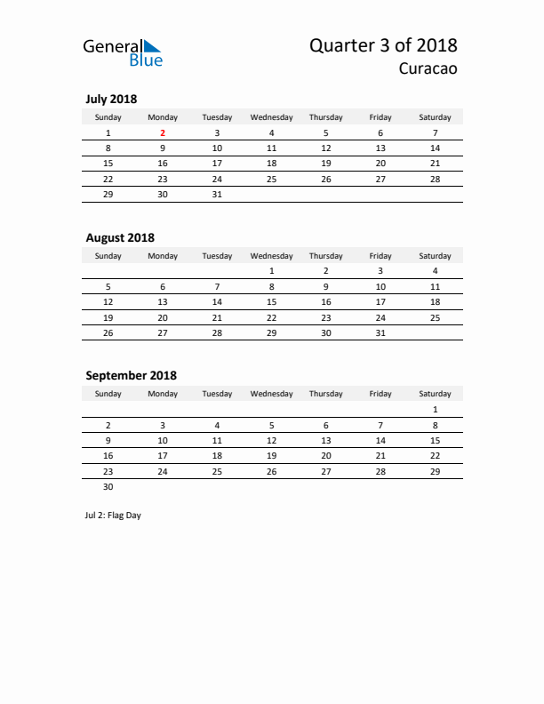 2018 Q3 Three-Month Calendar for Curacao