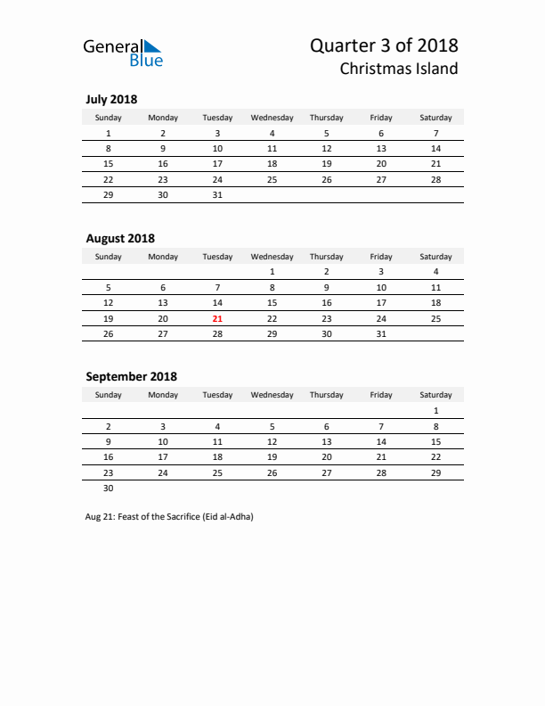 2018 Q3 Three-Month Calendar for Christmas Island