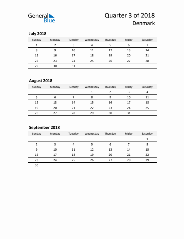 2018 Q3 Three-Month Calendar for Denmark