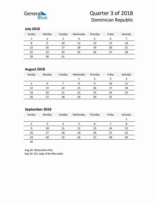 2018 Q3 Three-Month Calendar for Dominican Republic