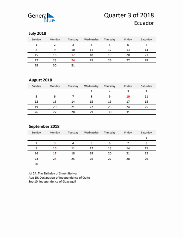 2018 Q3 Three-Month Calendar for Ecuador