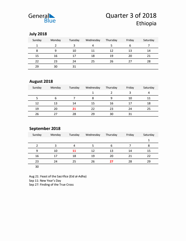 2018 Q3 Three-Month Calendar for Ethiopia