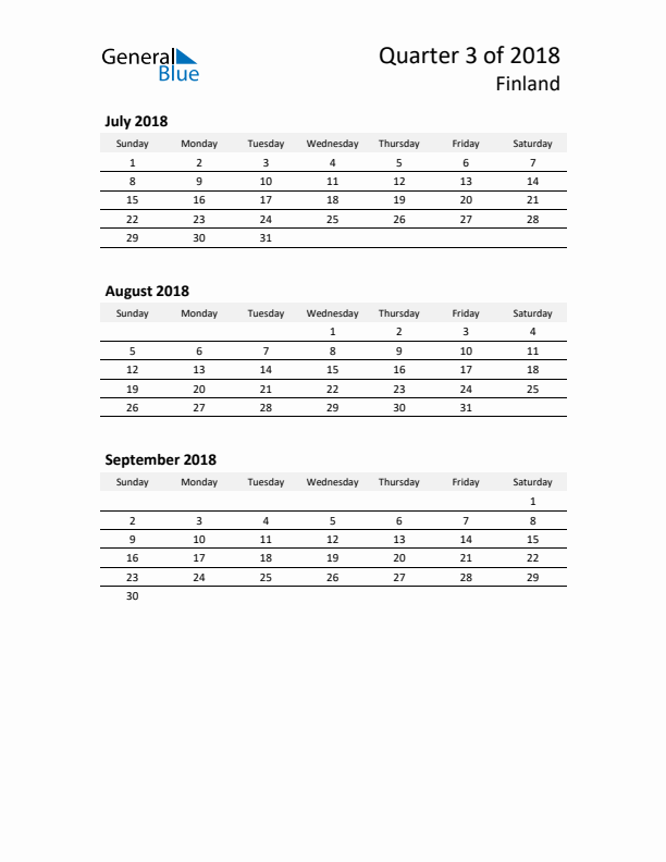 2018 Q3 Three-Month Calendar for Finland