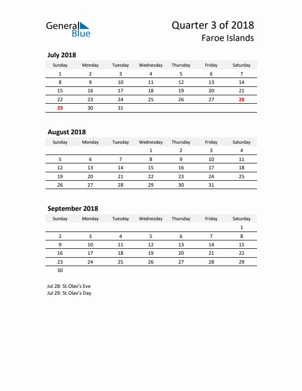 2018 Q3 Three-Month Calendar for Faroe Islands