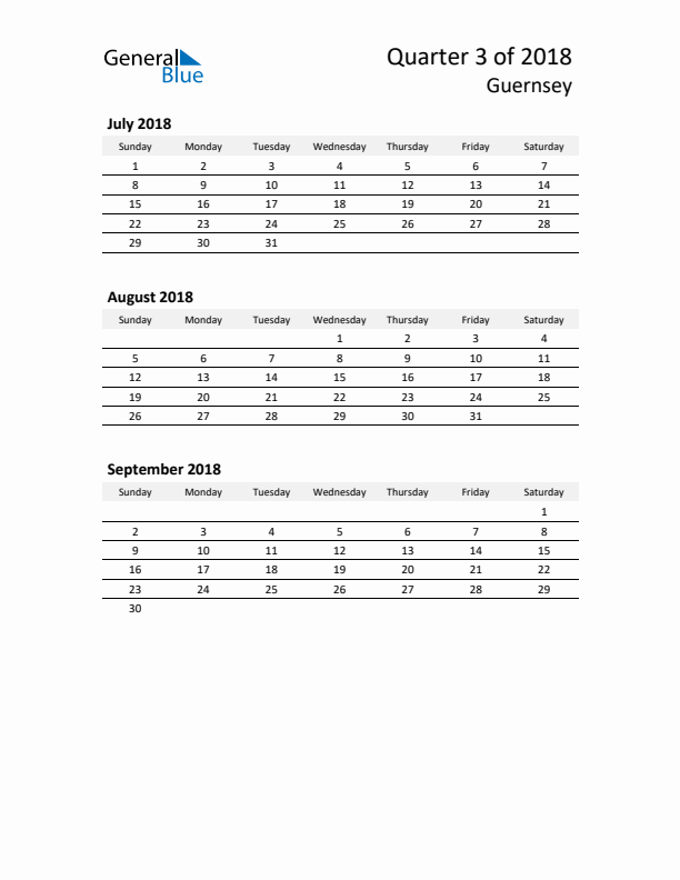 2018 Q3 Three-Month Calendar for Guernsey