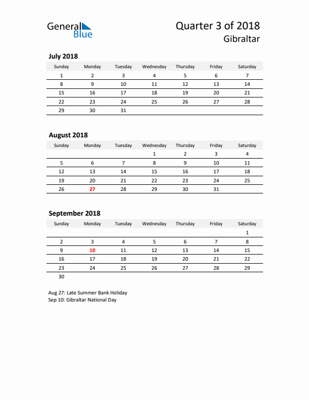 2018 Q3 Three-Month Calendar for Gibraltar