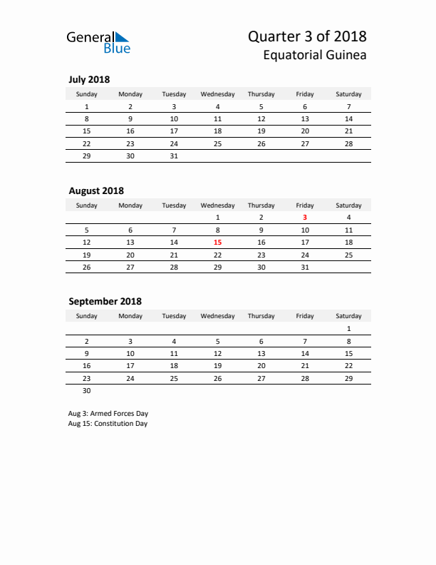 2018 Q3 Three-Month Calendar for Equatorial Guinea