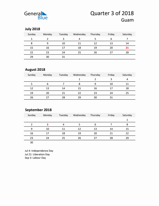 2018 Q3 Three-Month Calendar for Guam