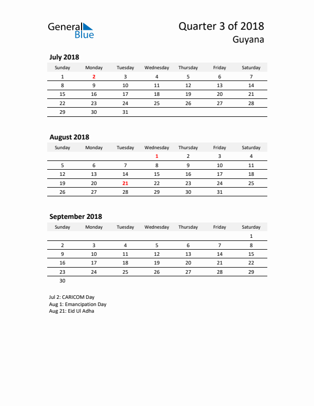 2018 Q3 Three-Month Calendar for Guyana