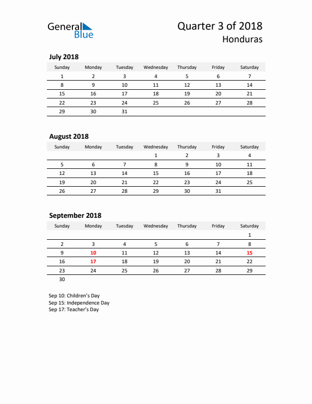 2018 Q3 Three-Month Calendar for Honduras