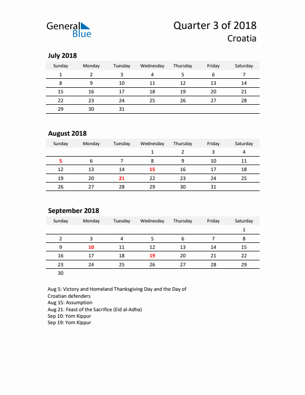 2018 Q3 Three-Month Calendar for Croatia