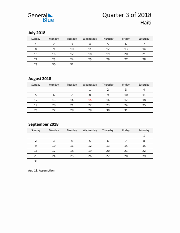 2018 Q3 Three-Month Calendar for Haiti