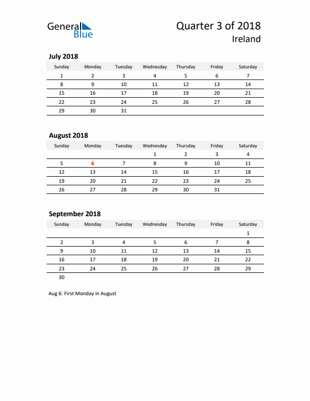 2018 Q3 Three-Month Calendar for Ireland