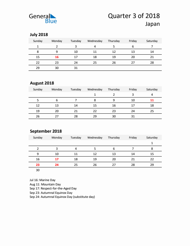2018 Q3 Three-Month Calendar for Japan