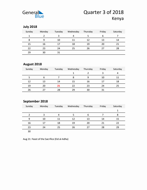 2018 Q3 Three-Month Calendar for Kenya