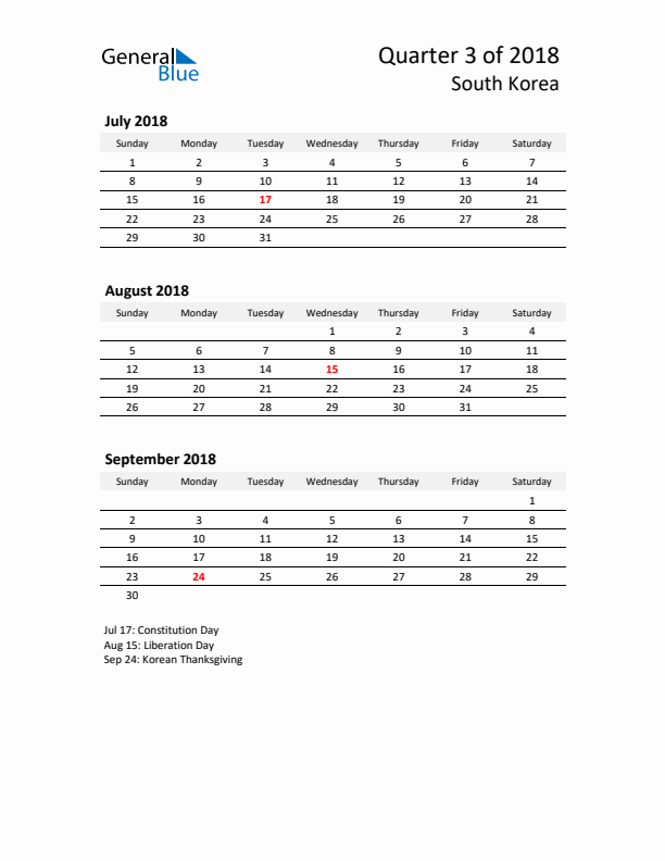 2018 Q3 Three-Month Calendar for South Korea