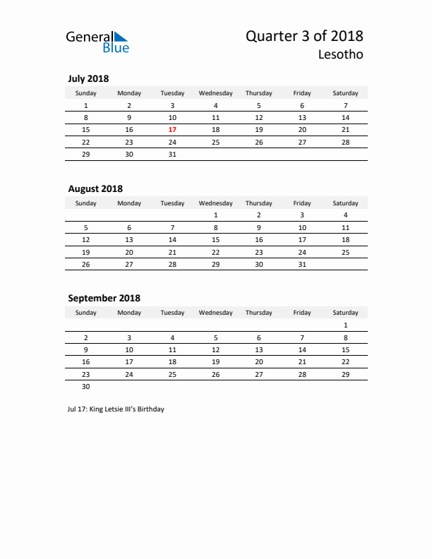 2018 Q3 Three-Month Calendar for Lesotho