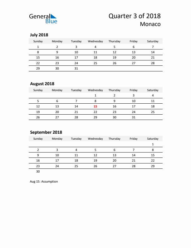 2018 Q3 Three-Month Calendar for Monaco