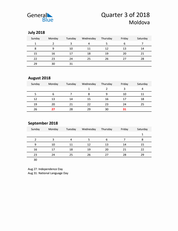 2018 Q3 Three-Month Calendar for Moldova