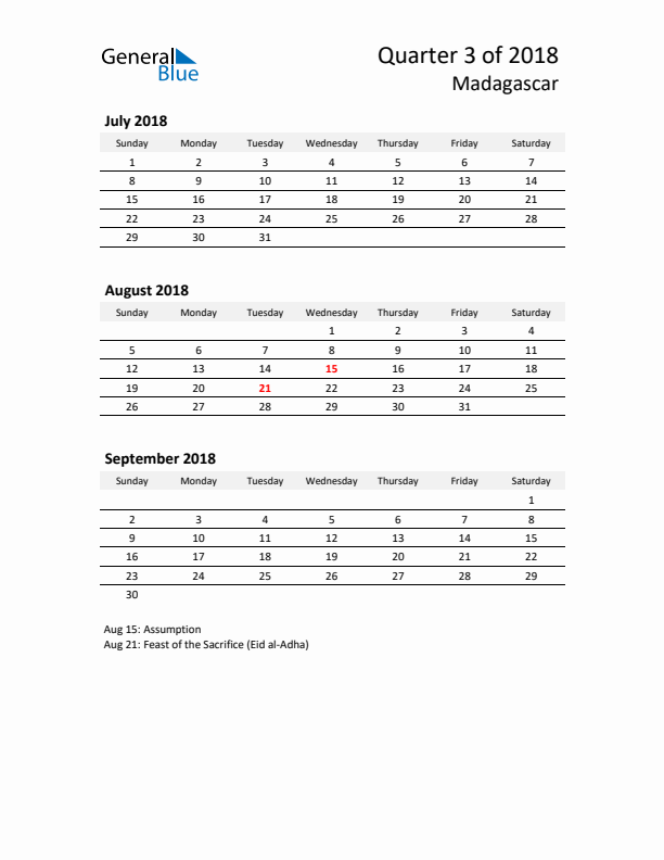 2018 Q3 Three-Month Calendar for Madagascar