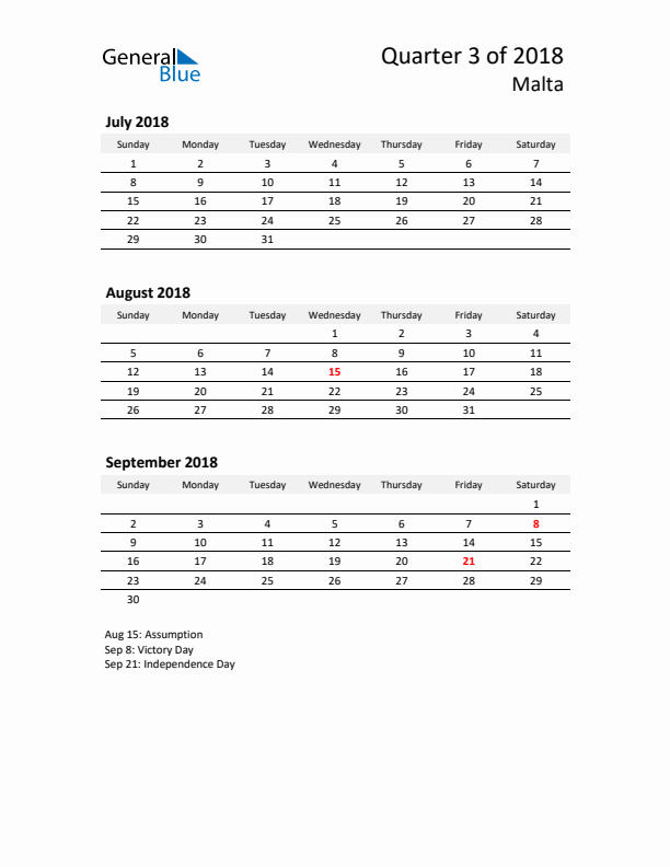 2018 Q3 Three-Month Calendar for Malta