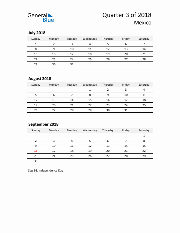 2018 Q3 Three-Month Calendar for Mexico