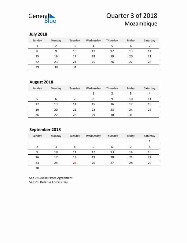 2018 Q3 Three-Month Calendar for Mozambique